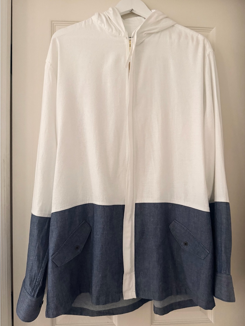 White & Denim Blue Two-Tone Zipped Hoodie Shirt/Jacket